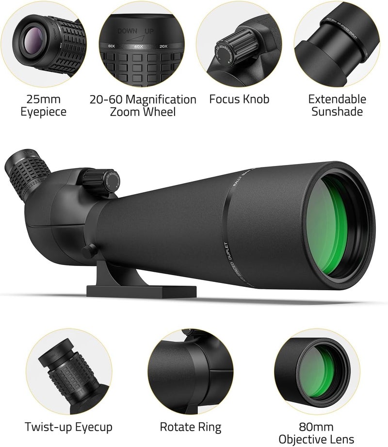 CVLIFE 20-60x80MM Spotting Scope, Spotting Scopes for Target Shooting, BAK4 HD Waterproof Spotter Scope for Birding and Wildlife with Tripod, Phone Adapter and Carrying Bag, Black - Image 3